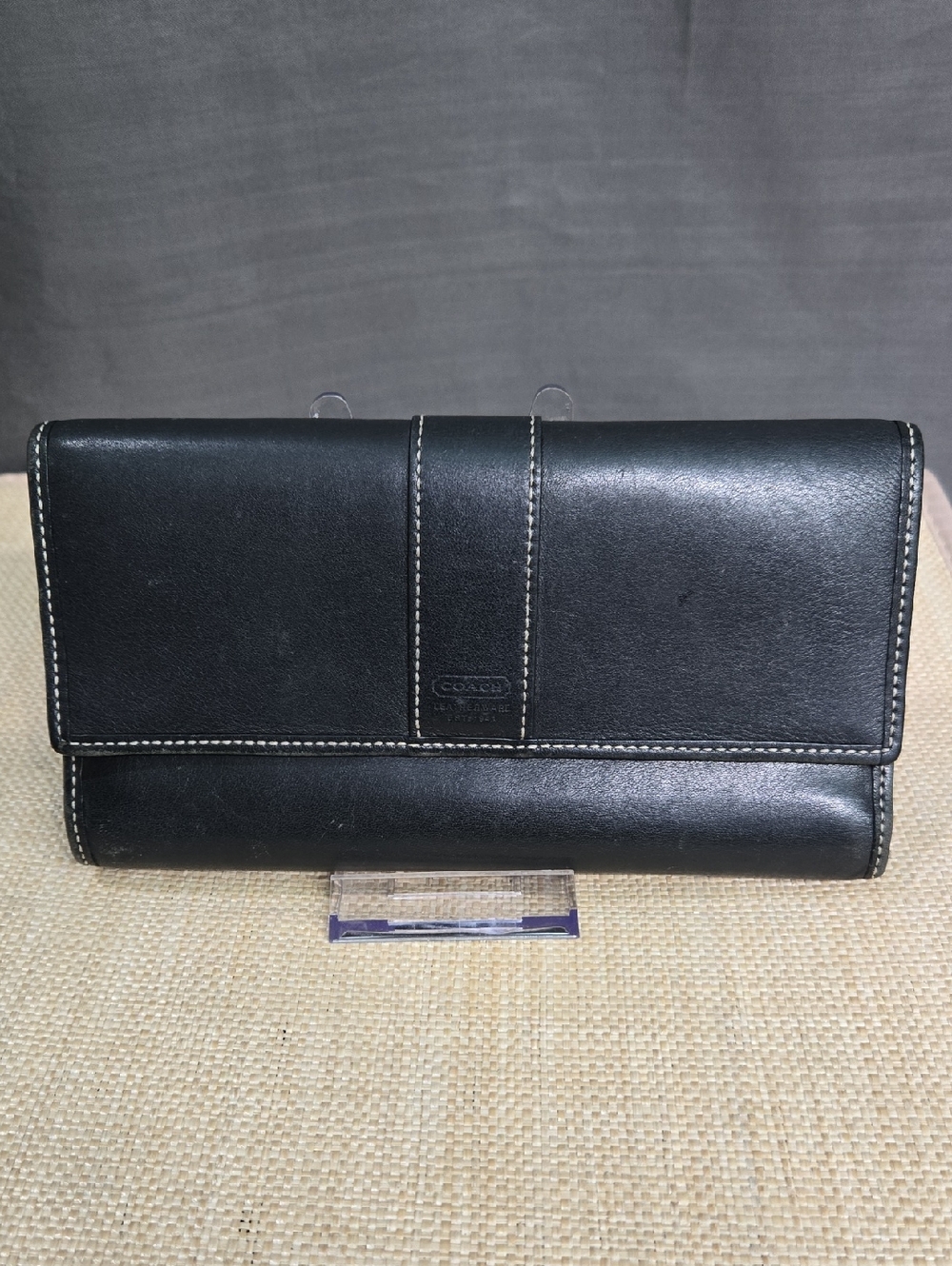 Coach Vintage Black Leather Fold-Over Wallet with Contrast Stitching